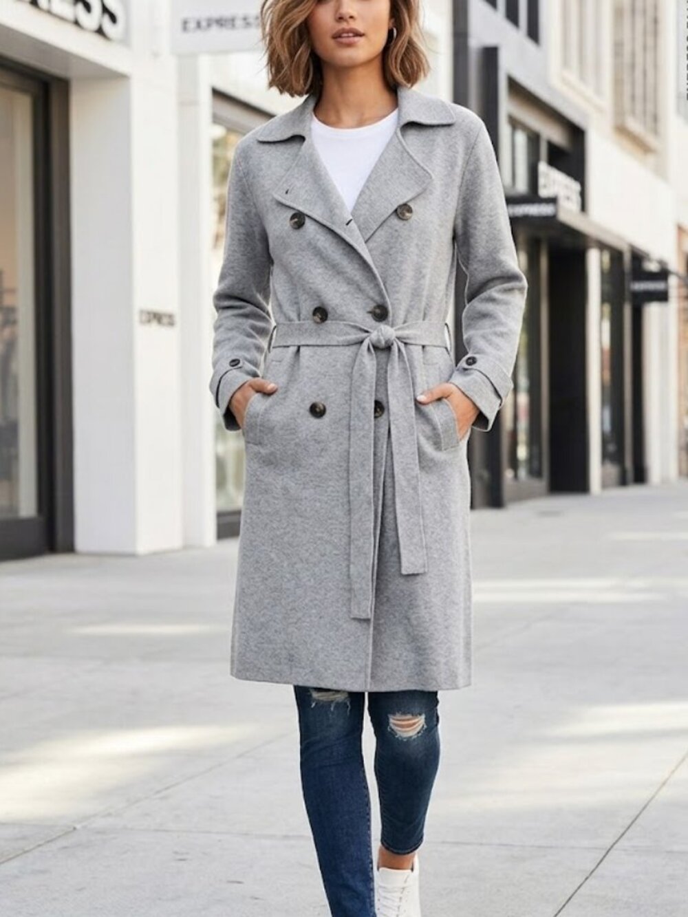 Express Gray Knit NEW Double Breasted Belted Cashmere Blend Trench Coat sz M